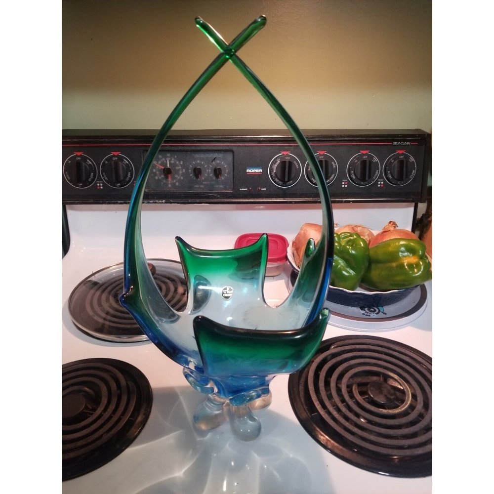 Stunner Lorraine cross-tip basket 17" Tall Blue Green Mid Century - Picture 9 of 10